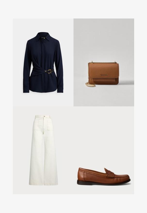 Tumši zila garroku krekls ar apkakli, priekšpusē tinuma dizains un melns jostasiksna ar zelta sprādzi un kniedes akcentiem. Mīksts auduma tekstūra.; Platās kājas džinsi off-white denima. Augsta jostasvieta ar pogu aizdari, divas priekšējās kabatas un kontrastējošas šuvju detaļas.; Polo Ralph Lauren Mokasīni - dark brown; Brūna teksturēta ādas plecu soma ar zelta ķēdes siksnu un atloka aizdari. Priekšpusē ir logotipa detaļa un kabata zem atloka.