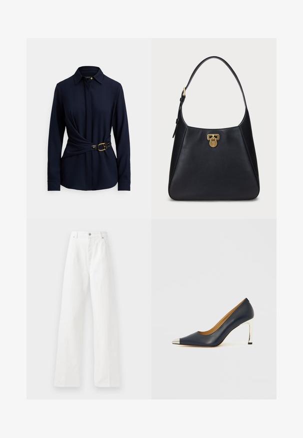 Camisa azul-marinho de manga comprida com gola de colarinho, design torcido à frente e cinto preto com fivela dourada e detalhes em tachas. Textura de tecido macio.; Calças largas brancas feitas de algodão, com cintura alta, pregas frontais e fecho de correr com um único botão.; Sapato elegante de salto alto em couro azul marinho com bico fino, apresentando uma ponta metálica prateada e um salto stiletto prateado brilhante.; Mala de ombro em pele preta com um design curvado, apresentando um fecho de locking dourado e uma alça arredondada. Textura suave com acentos mínimos.
