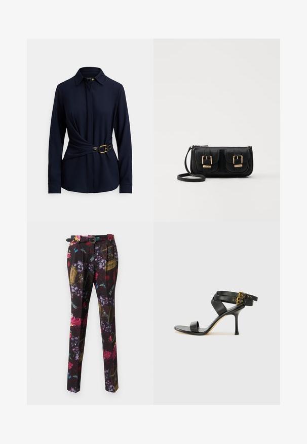 Tmavomodrá košeľa s dlhým rukávom, golierom, prekríženým predným dizajnom a čiernym opaskom so zlatou prackou a kovovými cvočkami. Jemná textúra látky.; Nohavice s kvetinovým vzorom, ktoré majú čierny základ, živé červené, fialové a modré akcenty, s rovným strihom a dekoratívnym detailom opasku.; Čierne sandále na podpätku s prekríženými popruhmi a nastaviteľnou prackou. Majú hladkú textúru a zúžený stiletto podpätok.; Čierna kožená crossbody taška s dvoma prednými vreckami, zlatými sponami, zipsovým uzatváraním a úzkym popruhom. Štruktúrovaný povrch a kompaktný obdĺžnikový tvar.