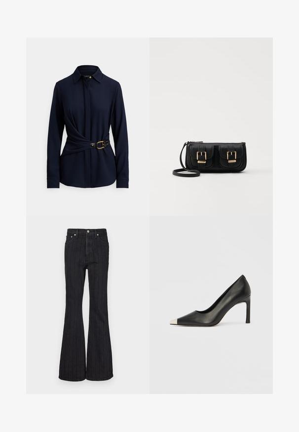 Cămașă cu mâneci lungi de culoare bleumarin, cu guler, design frontal răsucit și curea neagră cu cataramă aurie și accente cu ținte. Textură de țesătură moale.; Jeans negre din denim cu talie evazată, cu dungi verticale albe, design cu cinci buzunare și închidere cu nasture metalic.; Pantof cu toc înalt din piele neagră, cu vârf ascuțit și un capac metalic argintiu. Are un finisaj neted și un toc subțire de 10 cm.; Geantă neagră din piele, tip crossbody, cu două buzunare frontale, catarame aurii, închidere cu fermoar și o curea subțire. Suprafață texturată și formă rectangulară compactă.