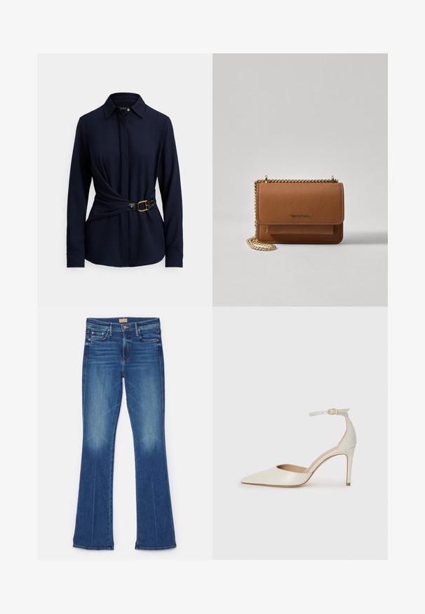 Navy long-sleeve shirt with a collared neck, twisted front design, and a black belt featuring a gold buckle and stud accents. Soft fabric texture.; Mother THE DOUBLE INSIDER HEEL - Bootcut jeans - opposites attract; White leather high-heeled shoe with a pointed toe, ankle strap, and a slim stiletto heel. Smooth texture with subtle glossy finish.; Brown textured leather crossbody bag with gold chain strap and flap closure. Front features logo detail and a pocket under the flap.