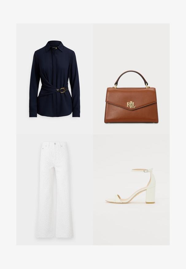 Camicia a maniche lunghe blu navy con collo a camicia, design frontale twist e cintura nera con fibbia dorata e dettagli borchiati. Tessuto dalla texture morbida.; Jeans a zampa bianchi in tessuto testurizzato con puntini neri. Design a cinque tasche con chiusura frontale a pulsante e zip.; Sandal con tacco cubano bianco in pelle, caratterizzata da una cinghia alla caviglia con fibbia e design minimalista. Punta aperta e texture liscia in tutto il sandalo.; Borsa a tracolla in pelle marrone con un design strutturato, manico superiore, finiture dorate e un logo in evidenza sul davanti. Texture liscia.