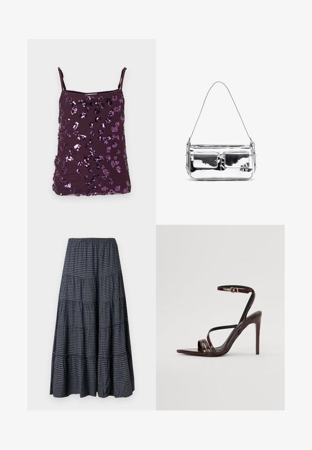 Purple camisole top with adjustable straps, covered in shiny purple sequins arranged in floral patterns. Smooth fabric texture.; Tiered maxi skirt in navy plaid, featuring an elastic waistband, multiple fabric layers, and a soft, textured finish.; Burgundy patent leather high-heeled sandal with an ankle strap, pointed toe, and three horizontal straps across the foot. Gold-tone buckle detail.; Silver metallic shoulder bag with two front pockets, smooth texture, stitch detailing, and a single detachable strap. Compact rectangular shape.