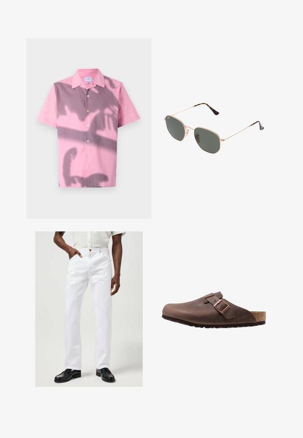 Chemise à manches courtes rose avec un design dégradé passant au violet, dotée d'une fermeture à boutons et d'un col classique.; Jeans en denim blanc avec une coupe droite, des poches avant, une fermeture à bouton et des coutures contrastées, associés à des chaussures noires.; Sabot en cuir marron avec une large boîte à orteils, sangle ajustable avec boucle en métal, et semelle en liège-latex. Semelle en caoutchouc à profilé pour une meilleure adhérence.; Lunettes de soleil en métal doré avec des verres vert foncé, de style aviateur, dotées de branches fines et d'accents en écaille de tortue sur les embouts.