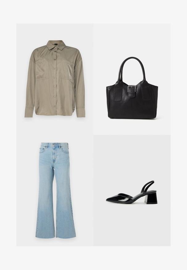 Aliejinės žalios spalvos, ilgomis rankovėmis marškiniai, pagaminti iš lygaus, lengvo audinio. Yra mygtukų priekyje, šaunus apykaklė ir dvi krūtinės kišenės.; Šviesiai mėlynos džinsinės kelnės su plačiomis klešnėmis ir aukštu liemeniu, su klasikiniais užtrauktukais ir mygtuku, šiek tiek išblukusios visame audinyje.; Juodos lakuotos odinės šlepetės su smailiu pirštu ir geometriniu bloko kulnu. Turi elegantišką, minimalistinį dizainą ir lygų paviršių.; Juodas odinis nešiojamas krepšys su lygiu paviršiumi, struktūrine forma, dviem rankenėlėmis ir ryškiu sidabriniu sagties akcentu priekyje.