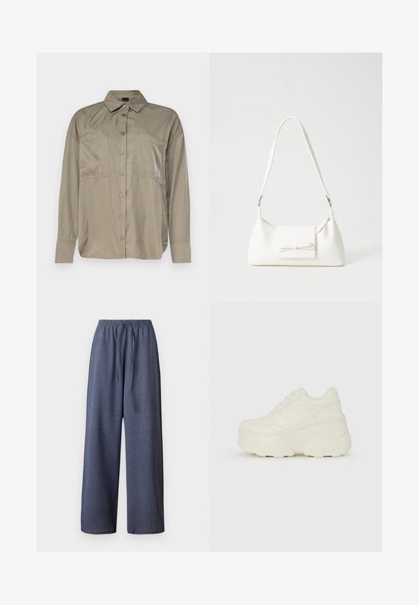 Olivi vihreä, pitkähihainen paita sileästä, kevyestä kankaasta. Sisältää napit edessä, terävän kauluksen ja kaksi rintataskua.; Navy blue leve leve hame, ystävällisen kankaan kanssa, joustava vyötärö ja säädettävä nauha. Ei näkyvissä olevia taskuja.; Valkoiset tasapohjakengät, joissa on sileä nahkamainen päällinen, pyöristetty muoto, pehmustettu nilkkaosa ja texturoitu kumipohja, jossa on hyvin määritellyt urat.; Valkoinen synteettinen käsilaukku, jossa on kolmikulmainen muoto, tasainen etu läppä ja nauhadetail, säädettävä olkahihna, sileä rakenne ja minimalinen muotoilu.