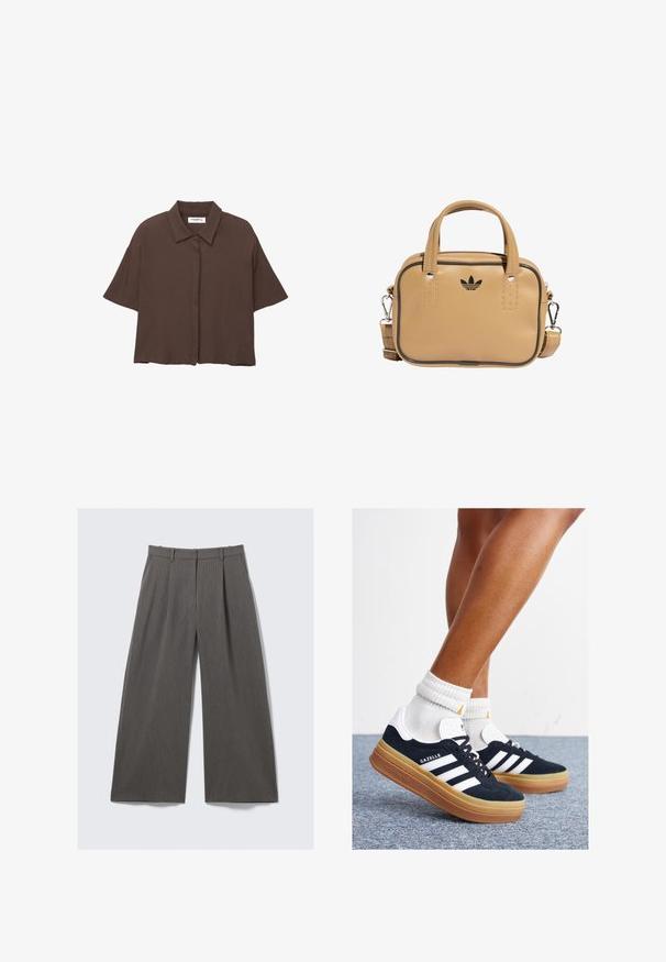 Chemise brune à manches courtes avec col et boutons. Fabriquée en tissu léger, avec une coupe décontractée et une texture subtile. Aucun motif visible.; Pantalons larges à rayures grises avec passants de ceinture et plis, présentés à plat sur un fond blanc.; Baskets en daim noir avec des rayures et des accents blancs, bout arrondi, semelle extérieure en caoutchouc gomme, associées à des chaussettes blanches côtelées mi-mollet.; Sac en cuir végétalien tan avec deux poignées, sangle d'épaule détachable, couture accent noire et un petit logo noir sur le devant.