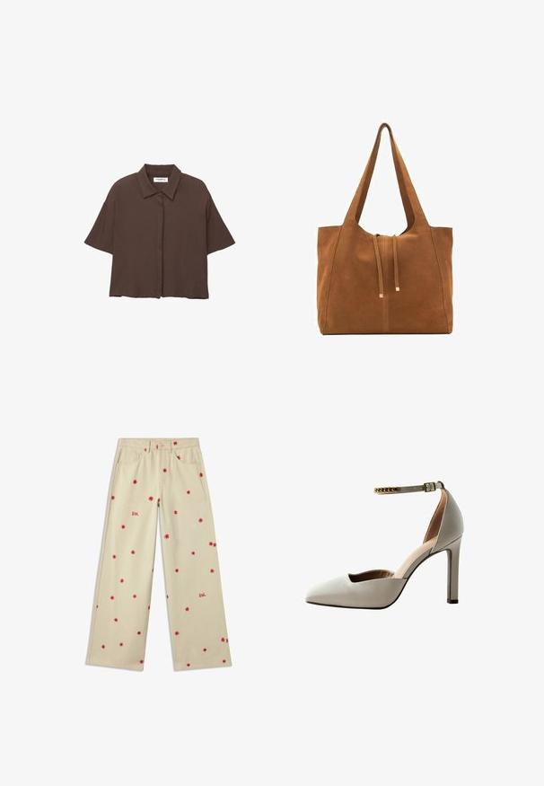 Hnedá, krátkopyjmová košela na gombíky s golierom. Vyrobená z ľahkého materiálu, má voľný strih a jemnú textúru. Bez viditeľných vzorov.; Béžové nohavice s širokými nohavicami vyrobené z bavlny s červenou kvetinovou výšivkou a slovom "SOL" v červenej farbe. Obsahujú predné vrecká a zapínanie na gombík.; Svetlošedá vysoká topánka na podpätku s špicatou špičkou, otvoreným dizajnom v oblasti nártov, remienkom okolo členku a zlatým reťazovým akcentom. Hladká kožená textura.; Hnedá semišová taška cez rameno s dvoma dlhými popruhmi, sťahovacou šnúrkou a minimalistickým dizajnom. Hladký povrch a žiadne viditeľné kovové doplnky.