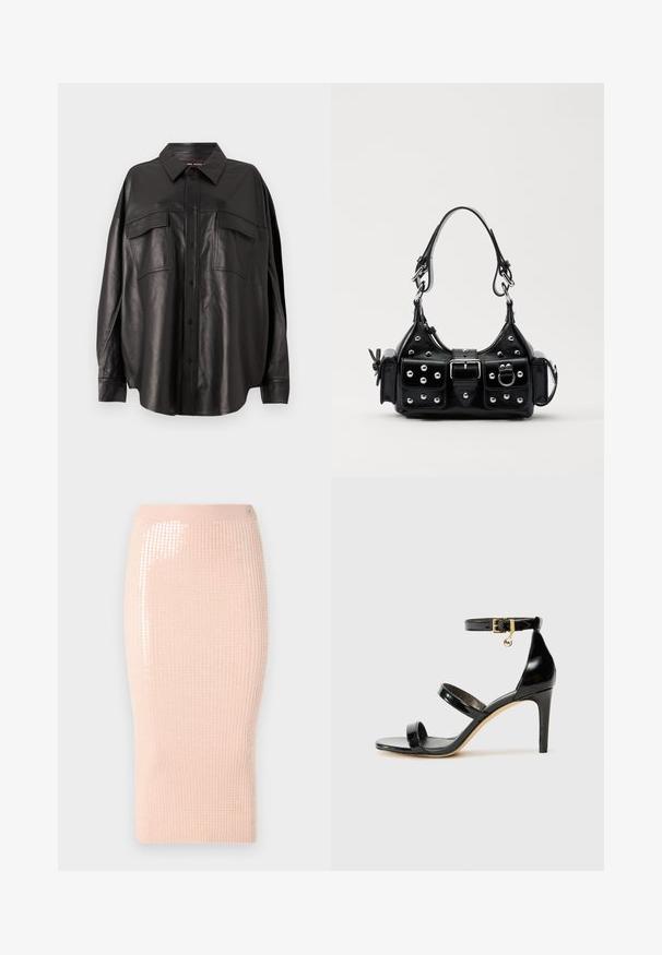 Black leather shirt with a button-up front, pointed collar, and two chest pockets. Features a loose fit and smooth texture.; Knit midi skirt in soft pink with vertical ribbing and sequins accenting one side, featuring a fitted silhouette and a stretch fabric.; Black patent leather sandal with three straps, ankle buckle, and 4-inch stiletto heel. Features gold hardware detail and logo charm.; Black leather handbag with a curved design, featuring silver studs, a buckle, and two side pockets. Adjustable strap for carrying options.