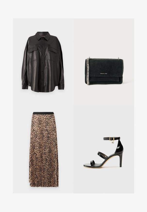 Chemise en cuir noir avec un devant à boutons, un col pointu et deux poches poitrine. Elle présente une coupe ample et une texture lisse.; Jupe longue plissée beige à imprimé léopard noir. Elle présente une ceinture noire, une texture douce et une coupe fluide.; Sandale en cuir verni noir avec trois brides, boucle de cheville et talon aiguille de 10 cm. Présente un détail en métal doré et un charm logo.; Sac à main en velours noir avec une bandoulière en chaîne argentée, présentant une fermeture à rabat et un détail de logo en relief à l'avant. Forme compacte et rectangulaire.