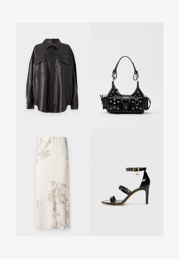 Svart läder skjorta med knappstängning framtill, spetsig krage och två bröstfickor. Har en lös passform och slät textur.; Vit kjol med ett smalt randmönster och ljusgrå blommönster. Elastisk midjeband för en bekväm passform.; Svart lackskinnsandaler med tre remmar, ankelspänne och 10 cm stilettklack. Har detaljer i guldmetall och logokaraktär.; Svart läderhandväska med en kurvad design, prydd med silverfärgade nitar, ett spänne och två sidofickor. Justerbar rem för olika bäralternativ.