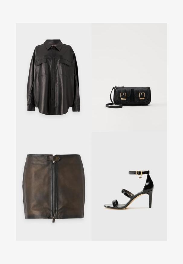 Fekete bőrdzseki gombbal elöl, hegyes gallérral és két mellzsebbel. Jellemzője a laza szabás és a sima textúra.; Fekete bőr mini szoknya elől cipzárral, sima textura és keskeny derékrész. Egy kis fém dísz is található a derékrészen.; Fekete lakk bőr szandál három pánttal, bokapánttal és 10 cm magasságú tűsarokkal. Arany színű részletekkel és logó charm-mal rendelkezik.; Fekete bőr keresztbody táska két elülső zsebbel, arany csattokkal, cipzáras záródással és vékony pánttal. Textúrált felület és kompakt téglalap alak.