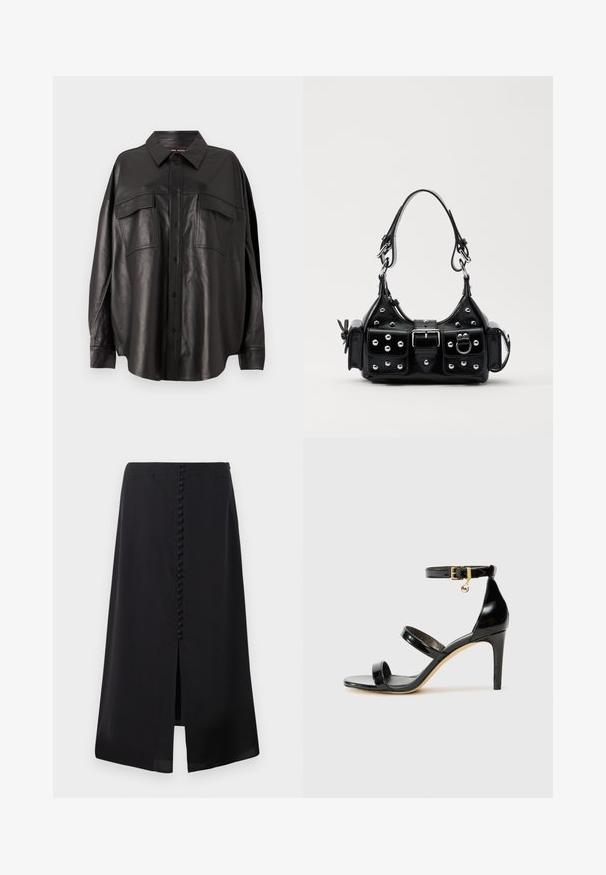 Czarna skórzana koszula z zapięciem na guziki, ostro zakończonym kołnierzykiem i dwiema kieszeniami na piersi. Charakteryzuje się luźnym krojem i gładką fakturą.; Czarna midi spódnica z gładkiego materiału, z rozcięciem z przodu i rzędem małych guzików na plecach dla dodatkowego zdobienia.; Czarne lakierowane sandały na paski z trzema paskami, zapięciem na kostce i 10-centymetrowym obcasem w szpilce. Zawierają złote detale oraz zawieszkę z logo.; Czarna skórzana torebka w zakrzywionym kształcie, z srebrnymi ćwiekami, klamrą i dwoma bocznymi kieszeniami. Regulowany pasek umożliwiający różne opcje noszenia.