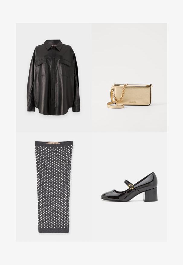 Czarna skórzana koszula z zapięciem na guziki, ostro zakończonym kołnierzykiem i dwiema kieszeniami na piersi. Charakteryzuje się luźnym krojem i gładką fakturą.; Grafitowy top w kształcie rury ozdobiony srebrnymi cyrkoniami w wzór kratki, posiadający prążkowaną teksturę i gładkie wnętrze.; Stuart Weitzman STUART - Czółenka; Metaliczna złota skórzana kopertówka z teksturowanym wykończeniem, z złotą łańcuszkową rączką i odpinanym paskiem na ramię. Wytłoczone logo marki.