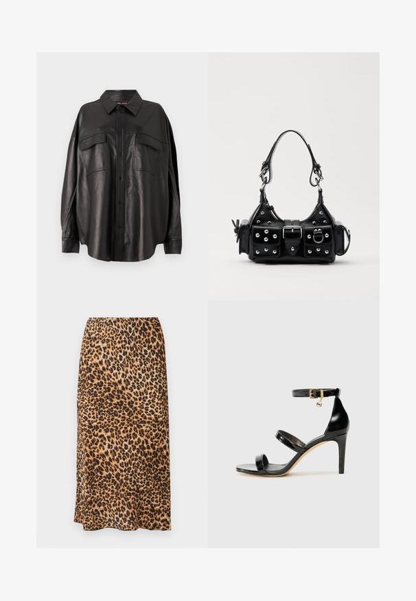 Juodas odinis marškiniai su mygtukais priekyje, smailiu apykakle ir dviem krūtinės kišenėmis. Išsiskiria laisvu siluetu ir glotnia tekstūra.; Gepardų rašto midi sijonas rudos ir juodos spalvų atspalviuose, pasižymintis sklandžia tekstūra ir elegantiška, pritaikyta siluetu.; Juodas patentuotas odinis sandalai su trimis diržais, kulkšnies sagtimi ir 4 colių stiletto kulnu. Yra aukso detalės ir logotipo žavesys.; Juodas odinis rankinukas su kreiviu dizainu, su sidabro spalvos knopkėmis, užsegimu ir dviem šoninėmis kišenėmis. Reguliuojama dirželis nešimui.