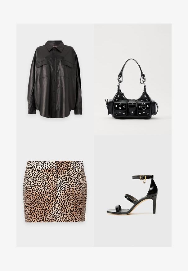 Must värvi nahast särk nupuga esitasku, terava krae ja kahe rinna taskuga. Omab laia lõiget ja sujuvat tekstuuri.; Leopardimustriga seelik, millel on sobiv lõige, beež taust ja mustad laigud. Omab lapikut vööosa ja peene voldi detaili taga.; Must musta nahk sandaal kolme rihmaga, pahkluu vööga ja 4-tollise stilettakontsaga. Omab kuldset detaili ja logovõtit.; Must värvi nahast käekott, millel on kaarjas disain, hõbedased nupukesed, kinnitusahe ja kaks külgtaskut. Reguleeritav rihm erinevate kandmisvõimaluste jaoks.