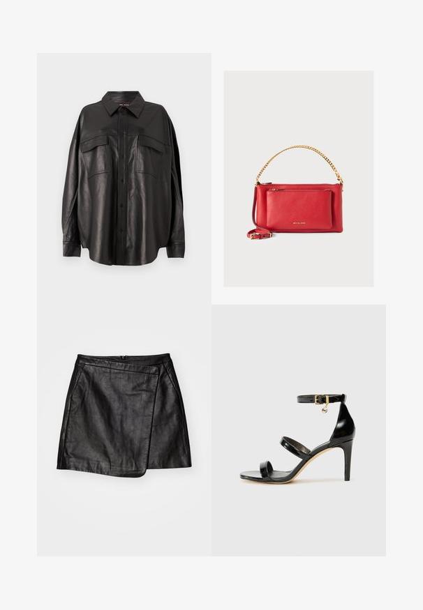 Černá kožená košile s knoflíkovou přední částí, špičatým límcem a dvěma náprsními kapsami. Vyznačuje se volným střihem a hladkou texturou.; Černá kožená mini sukně s asymetrickým designem, která má hladkou texturu a zapínání na zadním zipu.; Černé lakované kožené sandály se třemi pásky, sponou na kotníku a 10 cm jehlovým podpatkem. Obsahují zlaté kovové detaily a logo přívěsek.; Červená kožená kabelka s texturovaným povrchem, zlatým řetězem a popruhem, přední kapsou na zip a vyraženým logem. Kompaktní a strukturovaný design.