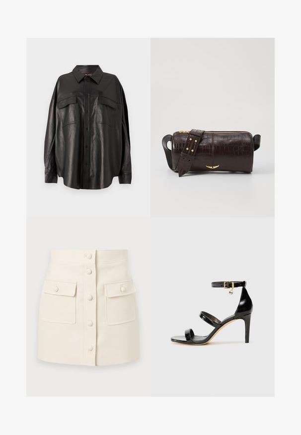 Black leather shirt with a button-up front, pointed collar, and two chest pockets. Features a loose fit and smooth texture.; Cream-colored denim skirt with a front button closure, two flap pockets, and a fitted silhouette. Smooth texture, straight hem.; Black patent leather sandal with three straps, ankle buckle, and 4-inch stiletto heel. Features gold hardware detail and logo charm.; Brown crocodile-embossed leather bag with a cylindrical shape, gold-tone hardware, and a detachable strap featuring studs.