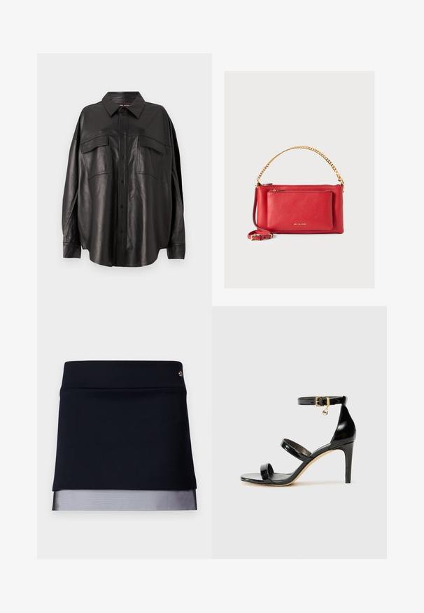 Juodas odinis marškiniai su mygtukais priekyje, smailiu apykakle ir dviem krūtinės kišenėmis. Išsiskiria laisvu siluetu ir glotnia tekstūra.; Juoda sijonas su prigludusia liemene ir permatomu tinklo apdailos priedu. Audinys lygaus paviršiaus, su struktūrizuotu dizainu, apipavidalintas maža metaline detale.; Juodas patentuotas odinis sandalai su trimis diržais, kulkšnies sagtimi ir 4 colių stiletto kulnu. Yra aukso detalės ir logotipo žavesys.; Raudona odinė rankinė su tekstūruotu paviršiumi, auksine grandine ir dirželiu, priekinė užtrauktuko kišenė ir išspaustas logotipas. Kompaktiškas ir struktūruotas dizainas.