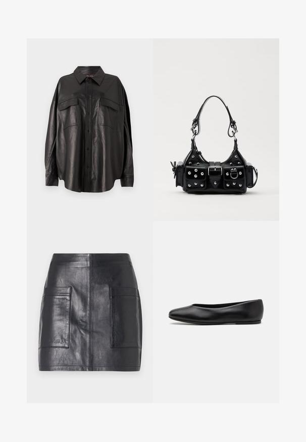 Camicia in pelle nera con chiusura a bottoni, colletto a punta e due tasche sul petto. Presenta una vestibilità ampia e una texture liscia.; Gonna mini in pelle nera con due tasche laterali, texture liscia, design aderente e linee pulite senza ulteriori decorazioni.; Paul Smith TOPANGA - Ballerine - black; Borsa a mano in pelle nera con design curvo, caratterizzata da borchie argentate, una fibbia e due tasche laterali. Tracolla regolabile per diverse opzioni di trasporto.