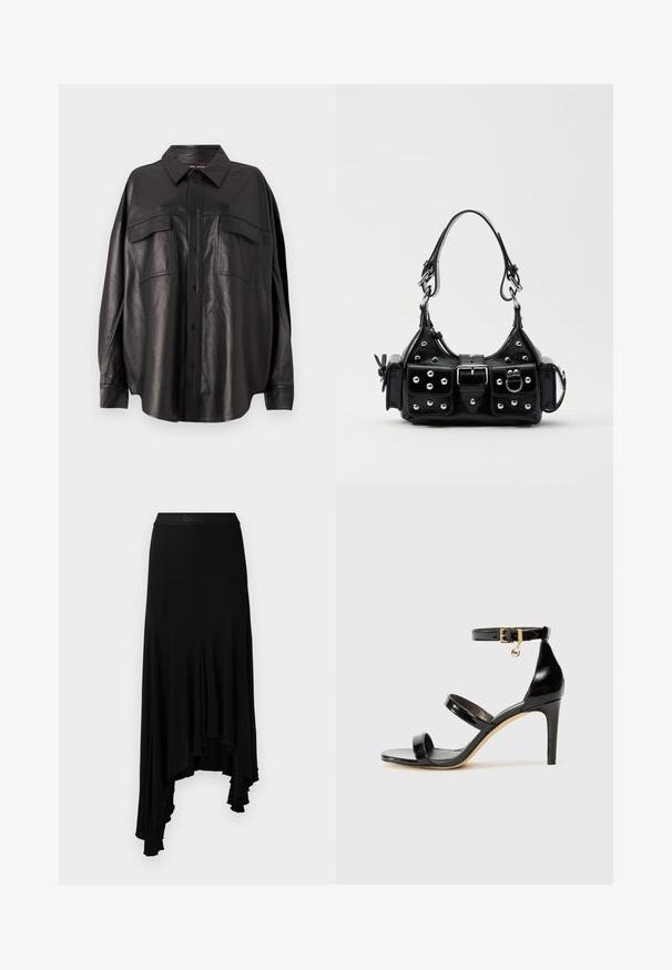 Zwarte leren shirt met een doorstart knoopsluiting, puntige kraag en twee borstzakken. Heeft een losse pasvorm en een gladde textuur.; Zwarte asymmetrische rok met een golvende onderrand, gemaakt van zachte, elastische stof, met een brede tailleband met verhoogde branding.; Zwarte gepatineerde leren sandaal met drie banden, enkelgesp en 10 cm hoge stiletto hak. Bevat gouden hardwaredetails en een logo charm.; Zwarte lederen handtas met een gebogen ontwerp, voorzien van zilveren studs, een gesp en twee zijvakken. Verstelbare schouderband voor verschillende draagmogelijkheden.