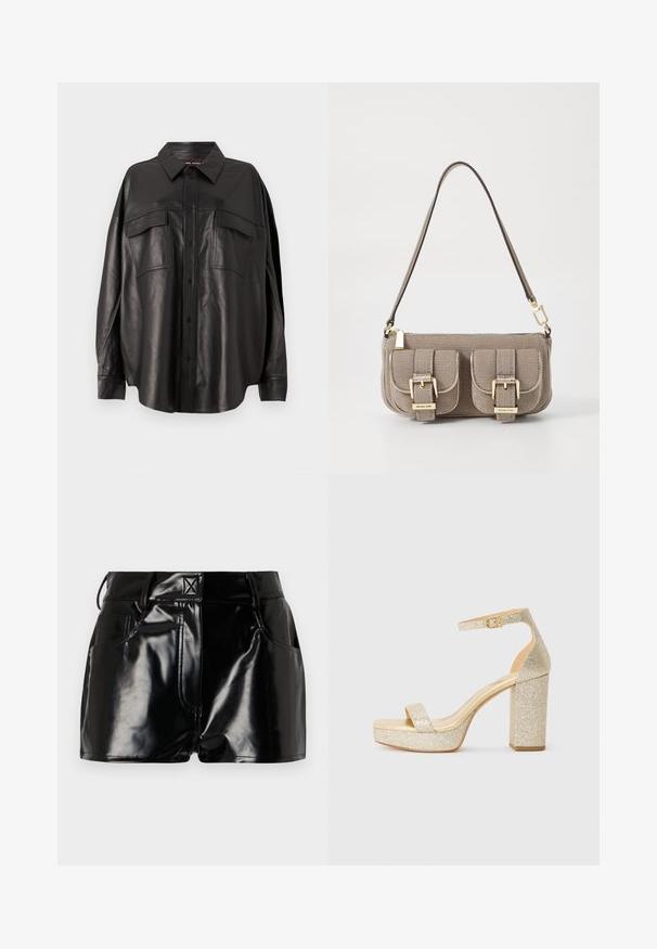 Chemise en cuir noir avec un devant à boutons, un col pointu et deux poches poitrine. Elle présente une coupe ample et une texture lisse.; Shorts noirs et brillants en matériau synthétique. Présentent une taille ajustée, des passants de ceinture et des poches avant avec des détails de couture prononcés.; Sandale à talons hauts en plateforme dorée pailletée avec une bride à la cheville et une boucle sur fond blanc.; Sac à main beige texturé avec une bandoulière réglable, deux poches avant fermées par des boucles, et des accents en doré. Fermeture éclair en haut.