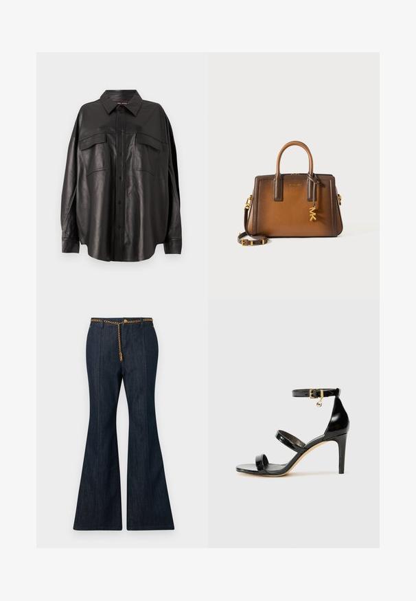 Schwarzes Lederhemd mit durchgehender Knopfleiste, spitzem Kragen und zwei Brusttaschen. Hat eine lockere Passform und eine glatte Textur.; Dunkelblaue ausgeflockte Jeans mit hoher Taille, ausgestattet mit einem goldenen Kettengürtel und kontrastierenden Nähten entlang der Nähte.; Schwarze Lackleder-Sandale mit drei Riemen, Knöchelriemen und 10 cm hohen Stiletto-Absatz. Verfügt über goldfarbene Hardware-Details und ein Logo-Charm.; Braune Lederhandtasche mit zwei oberen Tragegriffen, einem abnehmbaren Schulterriemen, goldenen Beschlägen und einem dekorativen Charm mit den Buchstaben "MK."