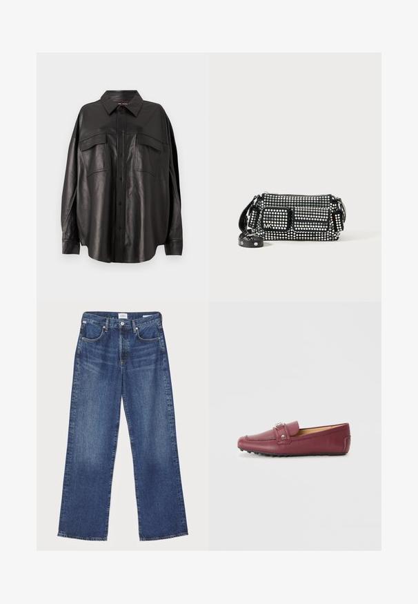 Cămașă din piele neagră cu închidere cu nasturi în față, guler ascuțit și două buzunare pe piept. Prezintă o croială lejeră și o textură netedă.; Citizens of Humanity ANNINA - Blugi drepți - westwood dark indigo; Loafers din piele burgund cu bot rotund, curea decorativă, accesorii din metal de culoare argintie și talpă din cauciuc texturat pentru aderență.; Geanta neagră decorată custuduri circulare argintii, având o formă rectangulară, buzunar frontal cu fermoar și curea reglabilă. Logo vizibil.