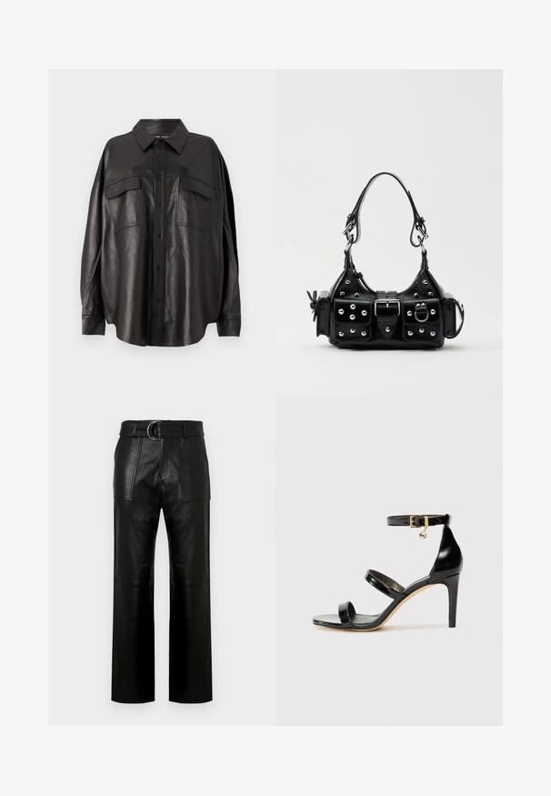 Čierna kožená košeľa s gombíkmi, špicatým golierom a dvoma náprsníkovými vreckami. Má voľný strih a hladkú textúru.; Vysoké čierne kožené nohavice s širokými nohavicami, veľkými prednými vreckami a zodpovedajúcim opaskom s dvojitým krúžkovým sponou.; Čierne lakované sandále s tromi pásikmi, spona na členku a 10 cm ihlovým podpätkom. Obsahujú zlaté detaily s hardwarem a logo prívesok.; Čierna kožená kabelka s zakriveným dizajnom, doplnená striebornými cvočkami, prackou a dvoma bočnými vreckami. Nastaviteľný popruh poskytuje rôzne možnosti nosenia.