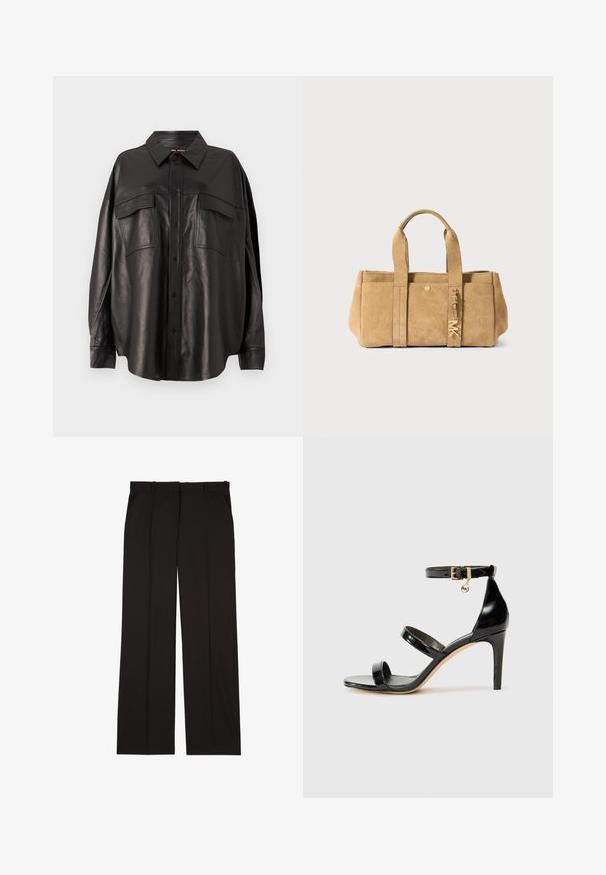 Chemise en cuir noir avec un devant à boutons, un col pointu et deux poches poitrine. Elle présente une coupe ample et une texture lisse.; Pantalons noirs sur mesure en tissu lisse, présentant une coupe droite, avec deux poches latérales. Construction élégante et minimaliste.; Sandale en cuir verni noir avec trois brides, boucle de cheville et talon aiguille de 10 cm. Présente un détail en métal doré et un charm logo.; Sac fourre-tout en suédine beige avec deux poignées supérieures, doté d'une poche avant, de détails en métal doré et d'une finition douce et texturée.