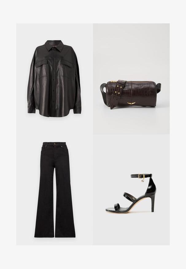 Black leather shirt with a button-up front, pointed collar, and two chest pockets. Features a loose fit and smooth texture.; Black flared jeans made of denim with a high waist, featuring front pockets and metallic hardware on the button and rivets.; Black patent leather sandal with three straps, ankle buckle, and 4-inch stiletto heel. Features gold hardware detail and logo charm.; Brown crocodile-embossed leather bag with a cylindrical shape, gold-tone hardware, and a detachable strap featuring studs.