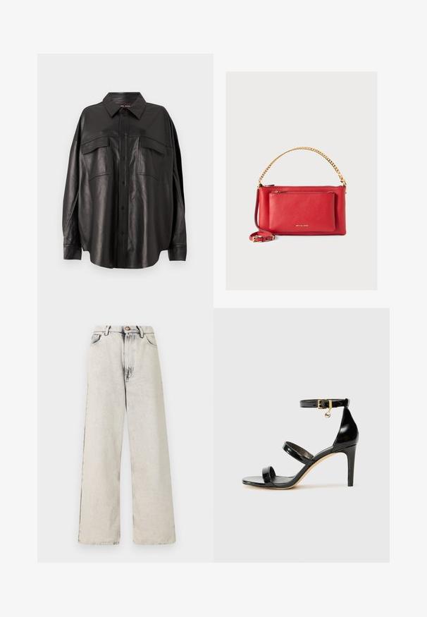 Camisa de cuero negro con cierre de botones en el frente, cuello puntiagudo y dos bolsillos en el pecho. Presenta un ajuste holgado y una textura suave.; Vaqueros de pierna ancha en un color beige claro con acentos desgastados y rotos. Presenta cinco bolsillos y un cierre de botón metálico en la cintura.; Sandalia de charol negro con tres correas, hebilla en el tobillo y tacón de aguja de 10 cm. Presenta detalles de hardware en oro y un charm con el logo.; Bolso de mano de cuero rojo con un acabado texturizado, cadena y correa doradas, bolsillo con cremallera en la parte frontal y logotipo en relieve. Diseño compacto y estructurado.
