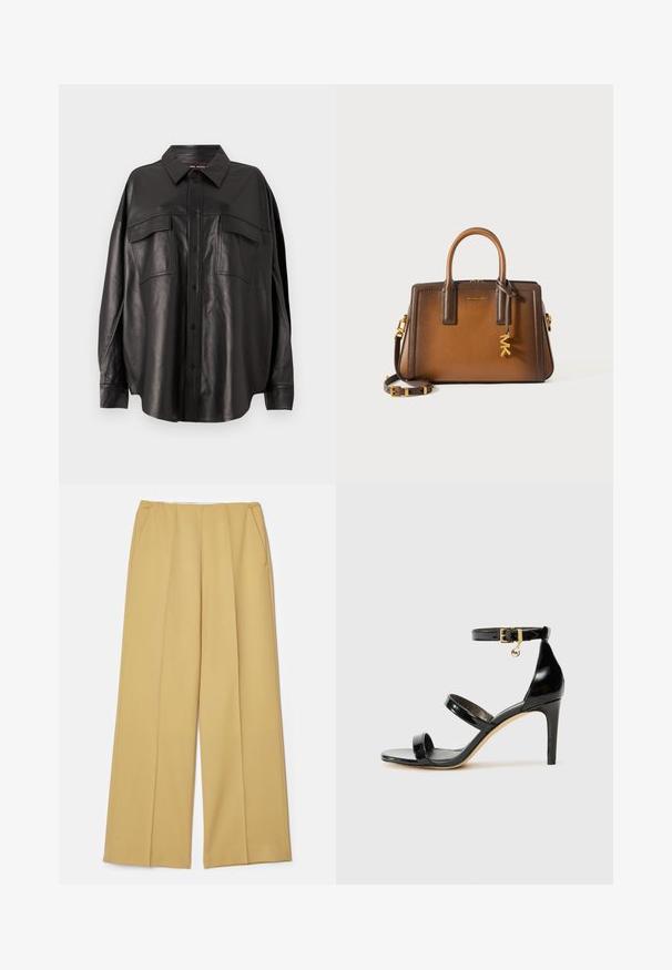 Schwarzes Lederhemd mit durchgehender Knopfleiste, spitzem Kragen und zwei Brusttaschen. Hat eine lockere Passform und eine glatte Textur.; Weite Hosen aus einem senfgelben Stoff, mit Taschen auf der Vorderseite und einer glatten Textur, in einem klaren, maßgeschneiderten Design.; Schwarze Lackleder-Sandale mit drei Riemen, Knöchelriemen und 10 cm hohen Stiletto-Absatz. Verfügt über goldfarbene Hardware-Details und ein Logo-Charm.; Braune Lederhandtasche mit zwei oberen Tragegriffen, einem abnehmbaren Schulterriemen, goldenen Beschlägen und einem dekorativen Charm mit den Buchstaben "MK."