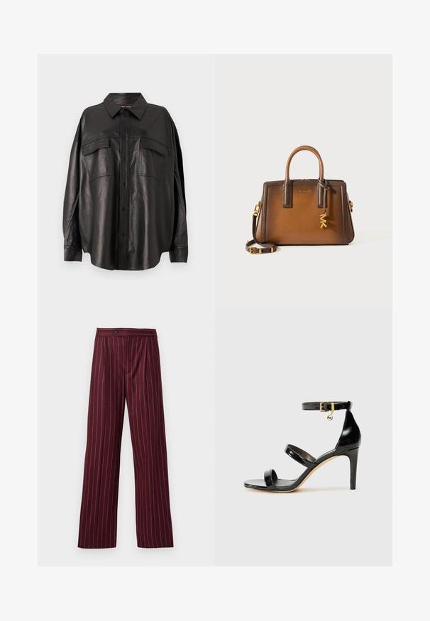 Black leather shirt with a button-up front, pointed collar, and two chest pockets. Features a loose fit and smooth texture.; Burgundy wide-leg trousers with a pinstripe pattern, pleated front, and button closure, made from a smooth fabric with a structured design.; Black patent leather sandal with three straps, ankle buckle, and 4-inch stiletto heel. Features gold hardware detail and logo charm.; Brown leather handbag featuring dual top handles, a detachable shoulder strap, gold hardware, and a decorative charm with the letters "MK."