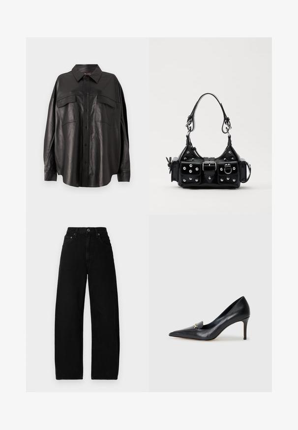 Juodas odinis marškiniai su mygtukais priekyje, smailiu apykakle ir dviem krūtinės kišenėmis. Išsiskiria laisvu siluetu ir glotnia tekstūra.; Juoda džinsinė kelnė su plačiais džinsais, aukštu juosmeniu, su priekiniais mygtukais, kišenėmis ir lygiu, matinio paviršiaus tekstūra.; Juodas odinis aukštakulnis batelis su smailiu pirštu, žemu iškirpimu ir dekoratyviu auksiniu akcentu. Yra stiletto kulnas ir glotnus paviršius.; Juodas odinis rankinukas su kreiviu dizainu, su sidabro spalvos knopkėmis, užsegimu ir dviem šoninėmis kišenėmis. Reguliuojama dirželis nešimui.