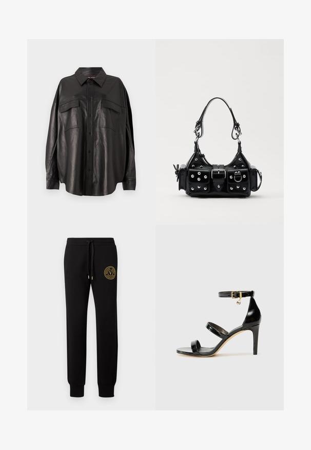 Juodas odinis marškiniai su mygtukais priekyje, smailiu apykakle ir dviem krūtinės kišenėmis. Išsiskiria laisvu siluetu ir glotnia tekstūra.; Juodi treningai su elastinėmis rankovėmis ir reguliuojamu raišteliu juosmens. Kairėje šlaunyje yra auksinė LOGO etikettė su prekės ženklu.; Juodas patentuotas odinis sandalai su trimis diržais, kulkšnies sagtimi ir 4 colių stiletto kulnu. Yra aukso detalės ir logotipo žavesys.; Juodas odinis rankinukas su kreiviu dizainu, su sidabro spalvos knopkėmis, užsegimu ir dviem šoninėmis kišenėmis. Reguliuojama dirželis nešimui.