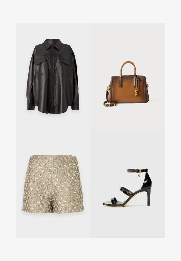 Zwarte leren shirt met een doorstart knoopsluiting, puntige kraag en twee borstzakken. Heeft een losse pasvorm en een gladde textuur.; Gouden shorts met een diamantvormig rasterpatroon, versierd met zilverkleurige details, gladde stof en een aansluitend ontwerp.; Zwarte gepatineerde leren sandaal met drie banden, enkelgesp en 10 cm hoge stiletto hak. Bevat gouden hardwaredetails en een logo charm.; Bruine lederen handtas met dubbele bovenhandvatten, een afneembare schouderriem, gouden hardware en een decoratieve charm met de letters "MK."