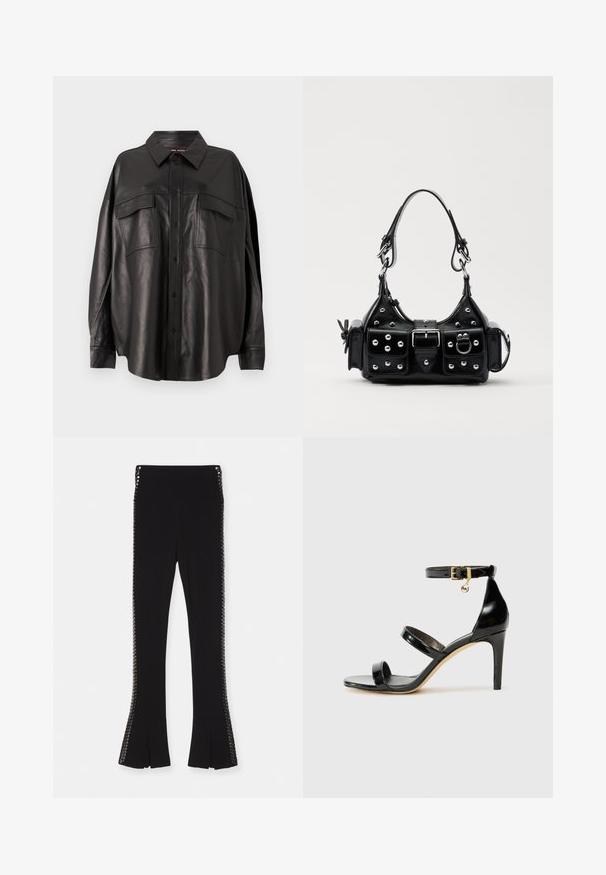 Černá kožená košile s knoflíkovou přední částí, špičatým límcem a dvěma náprsními kapsami. Vyznačuje se volným střihem a hladkou texturou.; Černé rozšířené kalhoty s hladkým povrchem, s dekoračními prvky na obou stranách a rozparky na spodním lemu.; Černé lakované kožené sandály se třemi pásky, sponou na kotníku a 10 cm jehlovým podpatkem. Obsahují zlaté kovové detaily a logo přívěsek.; Černá kožená kabelka s křivkovým designem, zdobená stříbrnými hřebíky, s přezkou a dvěma bočními kapsami. Nastavitelný popruh pro různé možnosti nošení.