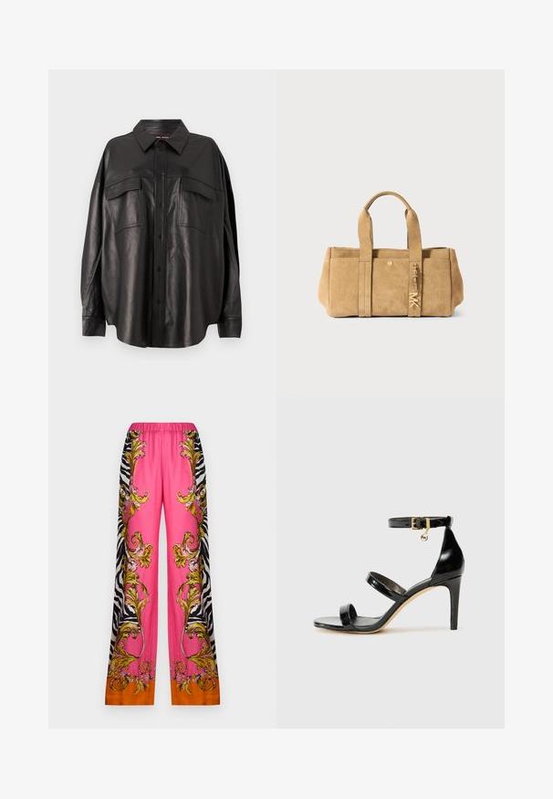 Must värvi nahast särk nupuga esitasku, terava krae ja kahe rinna taskuga. Omab laia lõiget ja sujuvat tekstuuri.; Versace Jeans Couture Püksid - rosa; Must musta nahk sandaal kolme rihmaga, pahkluu vööga ja 4-tollise stilettakontsaga. Omab kuldset detaili ja logovõtit.; Kashmiri suede kott, mille ülemise käepideme, eesmine tasku, kuldne sisustus ja pehme, tekstureeritud viimistlusega.