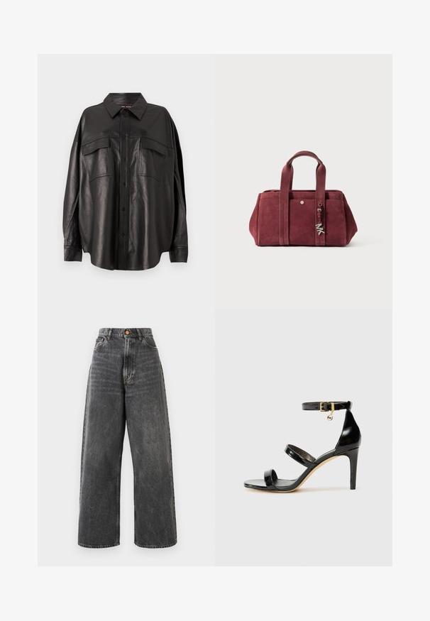 Camisa de couro preto com frente botões, colarinho pontiagudo e dois bolsos no peito. Apresenta um corte solto e uma textura suave.; Jeans de perna larga e cintura alta em denim preto desbotado, com bolsos frontais, passantes para cinto e fecho em botão de cobre.; Sandal de couro envernizado preto com três tiras, fivela no tornozelo e salto agulha de 10 cm. Apresenta detalhes em hardware dourado e um charme com logotipo.; Mala de camurça burgundy com duas alças superiores, fecho com zíper, bolso frontal e detalhe em metal. Forma retangular com textura suave.