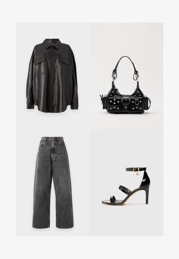 Juodas odinis marškiniai su mygtukais priekyje, smailiu apykakle ir dviem krūtinės kišenėmis. Išsiskiria laisvu siluetu ir glotnia tekstūra.; Aukštos juosmens plačios kojinės džinsai iš išblukusio juodo džinsinio audinio su priekinėmis kišenėmis, diržo kilpomis ir vario sagos uždarymu.; Juodas patentuotas odinis sandalai su trimis diržais, kulkšnies sagtimi ir 4 colių stiletto kulnu. Yra aukso detalės ir logotipo žavesys.; Juodas odinis rankinukas su kreiviu dizainu, su sidabro spalvos knopkėmis, užsegimu ir dviem šoninėmis kišenėmis. Reguliuojama dirželis nešimui.