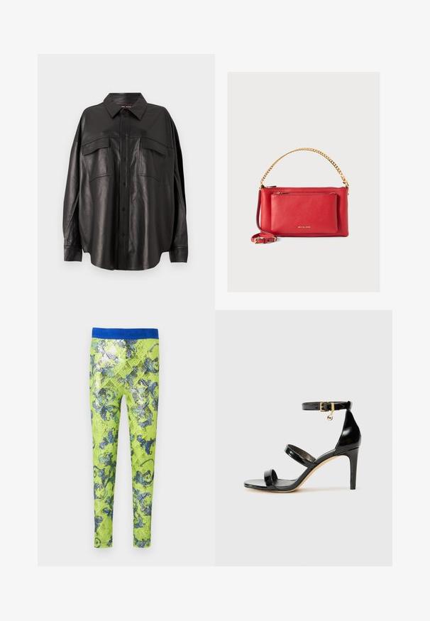Zwarte leren shirt met een doorstart knoopsluiting, puntige kraag en twee borstzakken. Heeft een losse pasvorm en een gladde textuur.; Neon gele legging met een glanzende, gepailleerde afwerking. Heeft een blauwe tailleband en elegante blauwe bloemenpatronen over de stof.; Zwarte gepatineerde leren sandaal met drie banden, enkelgesp en 10 cm hoge stiletto hak. Bevat gouden hardwaredetails en een logo charm.; Rode leren handtas met een gestructureerde afwerking, gouden ketting en schouderband, voorvak met rits en reliëflogo. Compact en gestructureerd ontwerp.