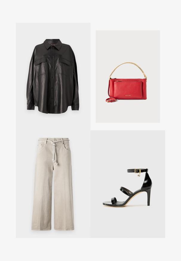 Must värvi nahast särk nupuga esitasku, terava krae ja kahe rinna taskuga. Omab laia lõiget ja sujuvat tekstuuri.; CLOSED LYNA - Avar lõikega teksad - beige; Must musta nahk sandaal kolme rihmaga, pahkluu vööga ja 4-tollise stilettakontsaga. Omab kuldset detaili ja logovõtit.; Punane nahkrahakott tekstureeritud viimistlusega, kullatud kett ja rihm, eesmine tõmblukuga tasku ning reljeefne logo. Kompaktne ja struktureeritud disain.