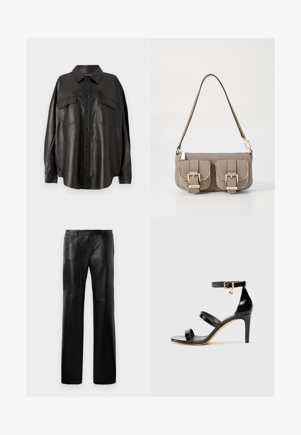 Melnas ādas krekls ar pogu aizdari priekšā, norādītu apvalku un divām krūšu kabatām. Iezīmē vaļīgu piegriezumu un gludu tekstūru.; Melni ādas bikses ar taisnu piegriezumu, ar pogu jostasvietu, piecām kabatām un redzamām šuvēm gar vīlēm.; Melnas lakota ādas sandalēs ar trim siksnām, potītes sprādzi un 4 collu stiletto papēdi. Iespējas ar zelta detaļām un logotipa piekariņu.; Bežs teksturēts roku soma ar regulējamu siksnu, divas priekšējās kabatas, kas aizveras ar sprādzēm, un zelta aksesuāriem. Augšā ar rāvējslēdzēja aizdari.