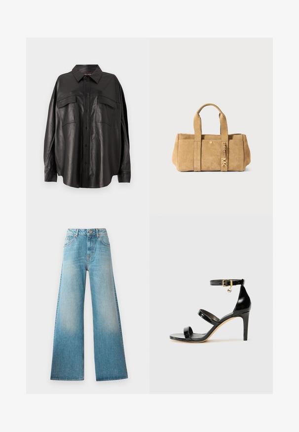 Čierna kožená košeľa s gombíkmi, špicatým golierom a dvoma náprsníkovými vreckami. Má voľný strih a hladkú textúru.; Svetlomodré riflové nohavice s širokými nohavicami a vysokým pásom, s dizajnom piatich vreciek a jemným zosvetlením pozdĺž stehien. Rúžové hardvérové detaily.; Čierne lakované sandále s tromi pásikmi, spona na členku a 10 cm ihlovým podpätkom. Obsahujú zlaté detaily s hardwarem a logo prívesok.; Béžová semišová taška s dvoma hornými uchami, obsahujúca predné vrecko, zlaté kovanie a jemný, textúrovaný povrch.