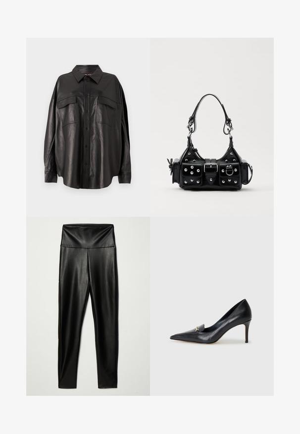 Camisa de couro preto com frente botões, colarinho pontiagudo e dois bolsos no peito. Apresenta um corte solto e uma textura suave.; Leggings de pele sintética preta com uma cintura alta, apresentando uma textura suave e um silhueta ajustada, que se estende até ao tornozelo.; Sapatilha de couro preto com bico fino, vamp baixo e um detalhe decorativo em ouro. Apresenta um salto agulha e uma textura suave.; Bolsa de couro preta com um design curvado, apresentando tachas prateadas, uma fivela e dois bolsos laterais. Alça ajustável para opções de transporte.