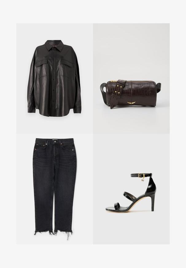 Crna kožna košulja s gumbima sprijeda, šiljastim ovratnikom i dva džepa na prsima. Ima širok kroj i glatku teksturu.; Agolde RILEY CROP - Traperice uskog kroja - hitch; Crne lakirane kožne sandale s tri trake, kopčom na zapešću i potpeticom od 10 cm. Sadrže zlatne detalje i privjesak s logotipom.; Smeđa torba od kože s embosiranim krokodilskim uzorkom, cilindričnog oblika, zlatne hardverske detalje i odvojivu naramenicu sa čavlima.