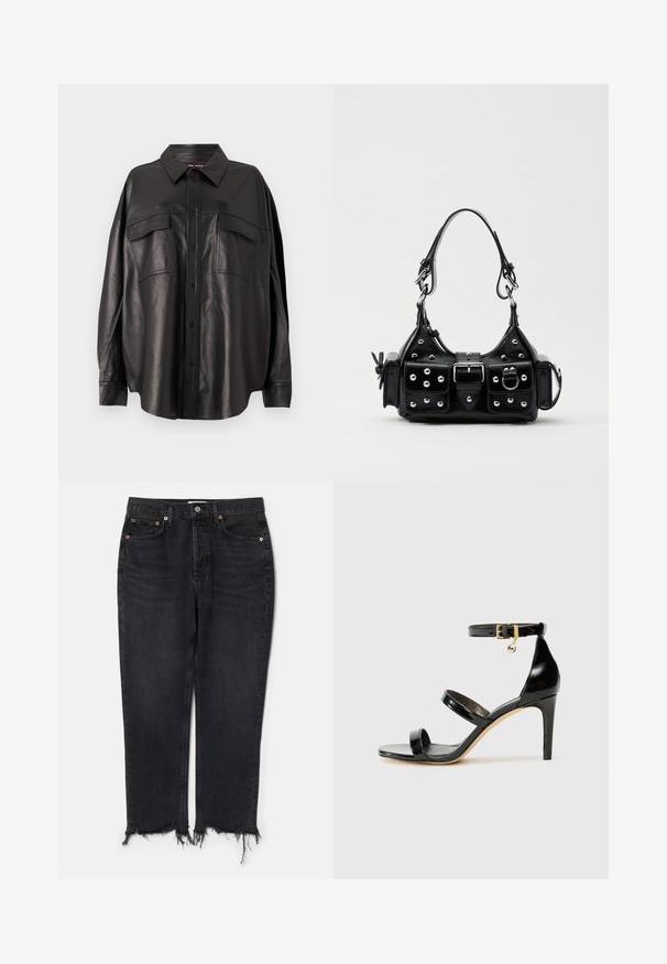 Camicia in pelle nera con chiusura a bottoni, colletto a punta e due tasche sul petto. Presenta una vestibilità ampia e una texture liscia.; Agolde RILEY CROP - Jeans slim fit - hitch; Sandalo in pelle verniciata nera con tre cinturini, fibbia alla caviglia e tacco a stiletto di 10 cm. Presenta dettagli in hardware dorato e un charm con logo.; Borsa a mano in pelle nera con design curvo, caratterizzata da borchie argentate, una fibbia e due tasche laterali. Tracolla regolabile per diverse opzioni di trasporto.