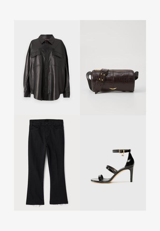 Must värvi nahast särk nupuga esitasku, terava krae ja kahe rinna taskuga. Omab laia lõiget ja sujuvat tekstuuri.; Mother LIL HUSTLER FRAY - Bootcut-teksad - black denim; Must musta nahk sandaal kolme rihmaga, pahkluu vööga ja 4-tollise stilettakontsaga. Omab kuldset detaili ja logovõtit.; Pruunist krokodillimustrist nahast kott, millel on silindri kuju, kuldse tooni metalldetailid ja eemaldatav rihm, kus on nupud.