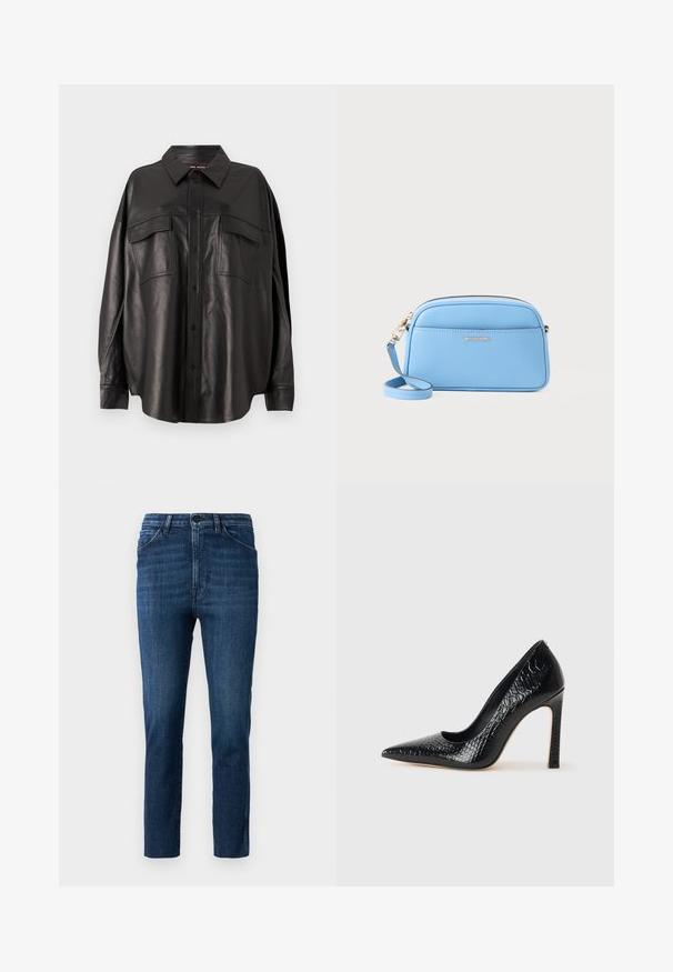 Černá kožená košile s knoflíkovou přední částí, špičatým límcem a dvěma náprsními kapsami. Vyznačuje se volným střihem a hladkou texturou.; Modré slim-fit džíny s klasickým pětipocket designem a zapínáním na knoflík, se slabým vyblednutím a čistým rovně střiženým nohavicím.; Černý lodičkový bot s špičatou špičkou, pokrytý texturou krokodýlí kůže, s elegantním designem, vysokým stiletto podpatkem a hladkým černým interiérem.; Svetle modrá kožená crossbody taška se zlatými kovovými doplňky, zipovým uzávěrem a přední kapsou. Obsahuje nastavitelné ramenní popruh pro pohodlí.